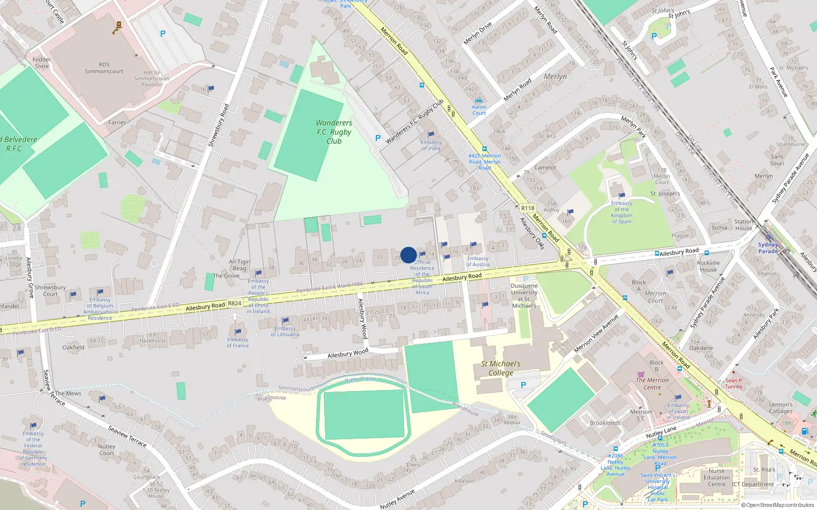 Overhead map showing the location of 18 Ailesbury Road, Simmonscourt