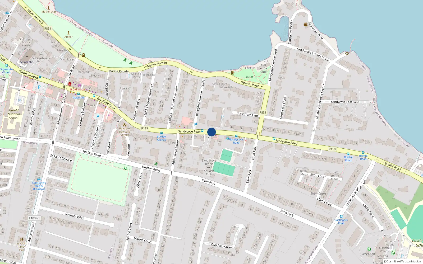 Overhead map showing the location of 18 Albert Court, Sandycove