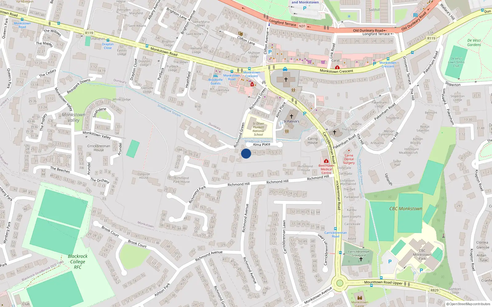 Overhead map showing the location of 18 Alma Park, Monsktown Village, Monkstown