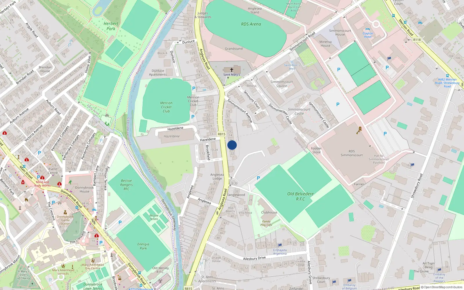 Overhead map showing the location of 18 Anglesea Road, Ballsbridge