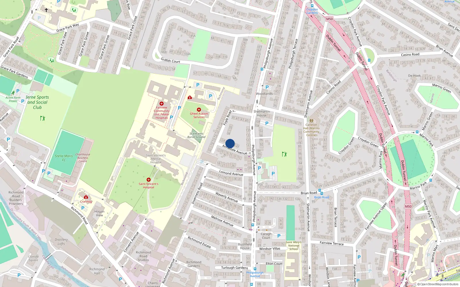 Overhead map showing the location of 18 Annadale Avenue, Fairview, Dublin 3