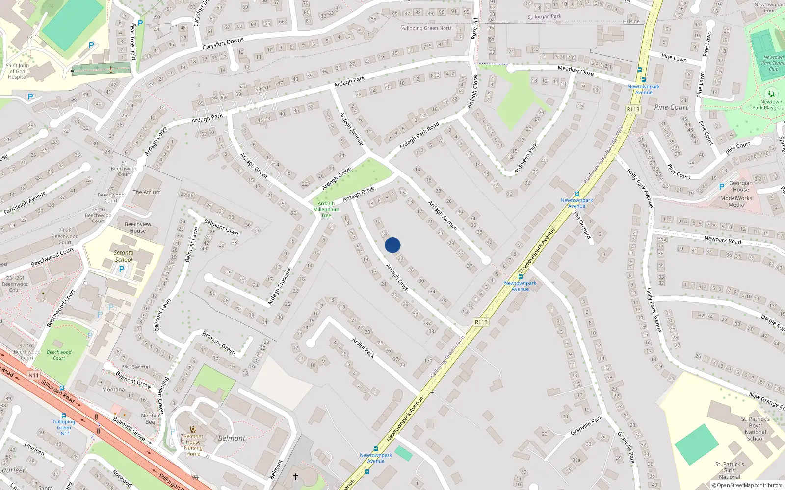 Overhead map showing the location of 18 Ardagh Drive, Blackrock