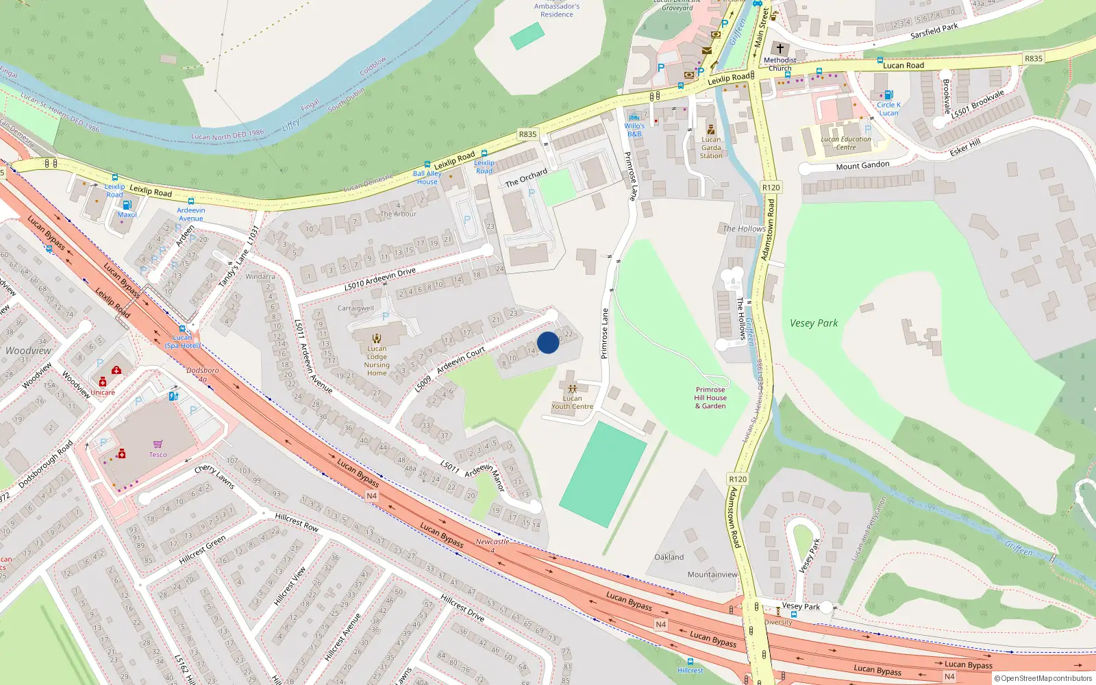 Overhead map showing the location of 18 Ardeevin Court, Lucan, Dublin