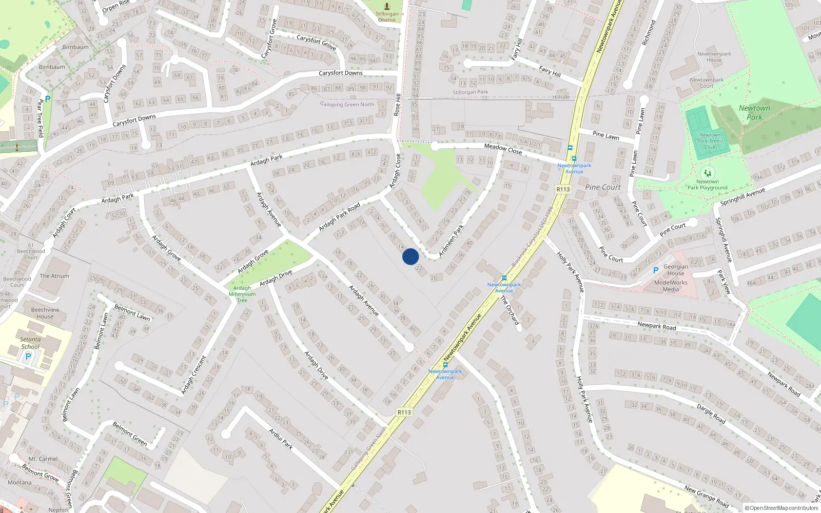 Overhead map showing the location of 18 Ardmeen Park, Blackrock, Dublin