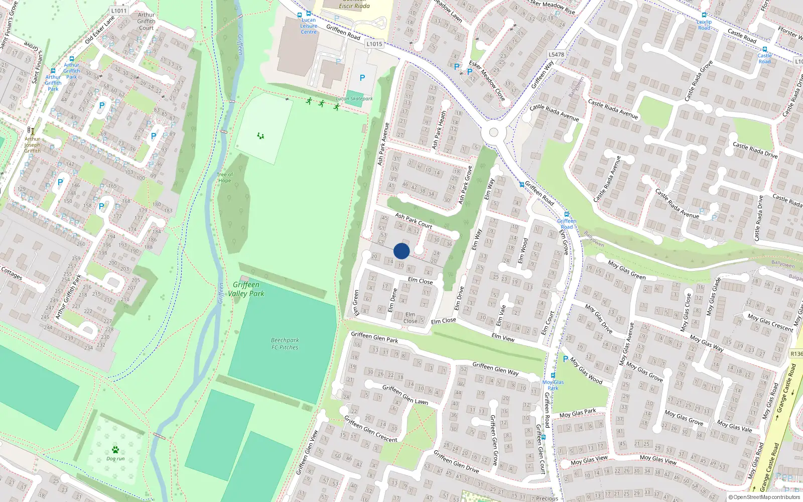 Overhead map showing the location of 18 Ashpark Court, Lucan, Dublin