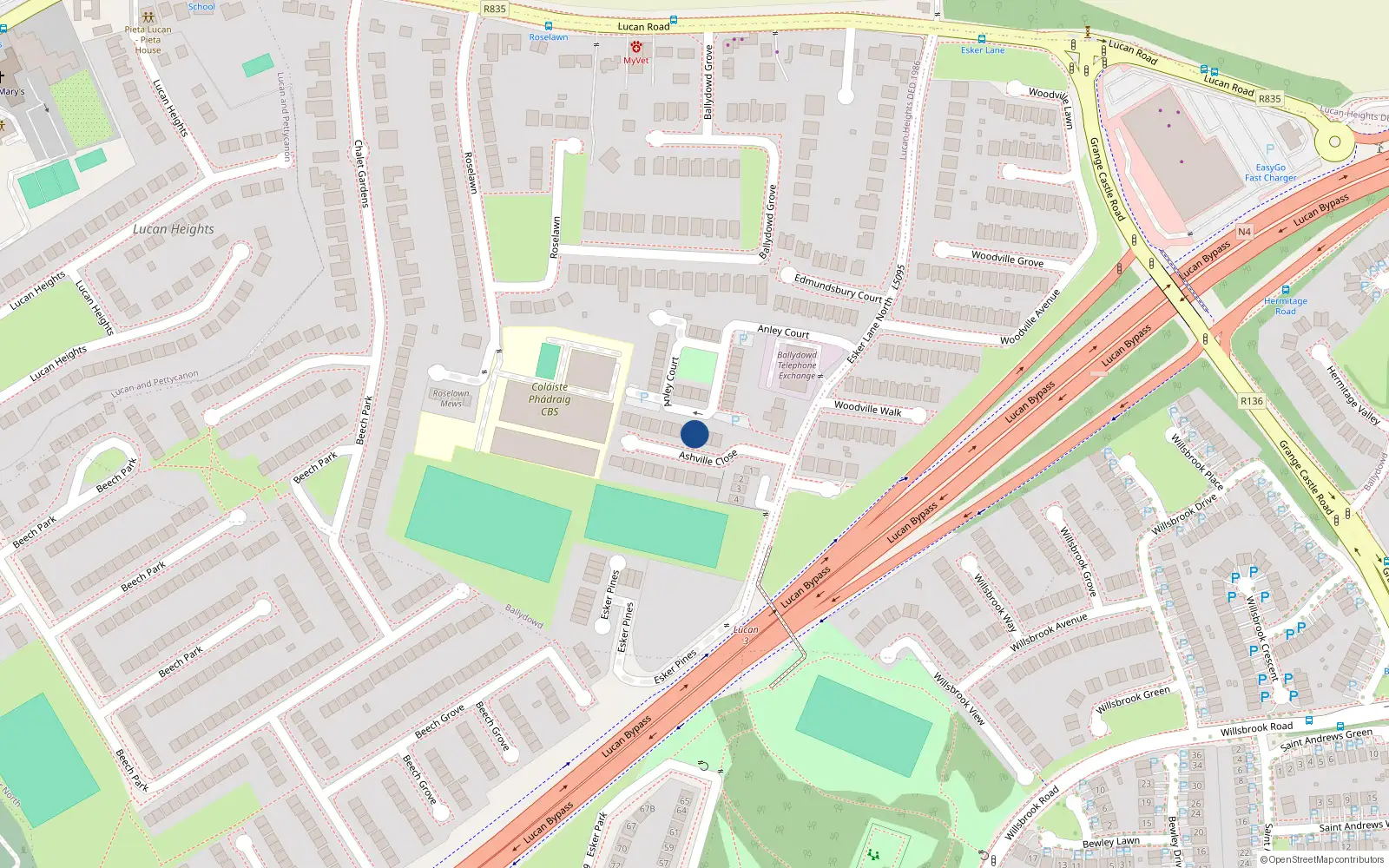 Overhead map showing the location of 18 Ashville Close, Lucan