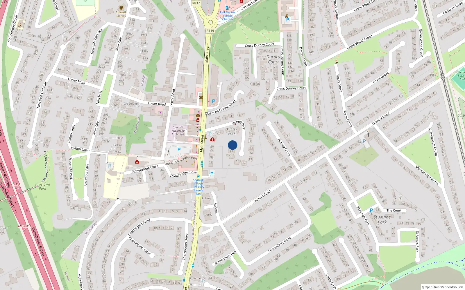 Overhead map showing the location of 18 Aubrey Park, Shankill