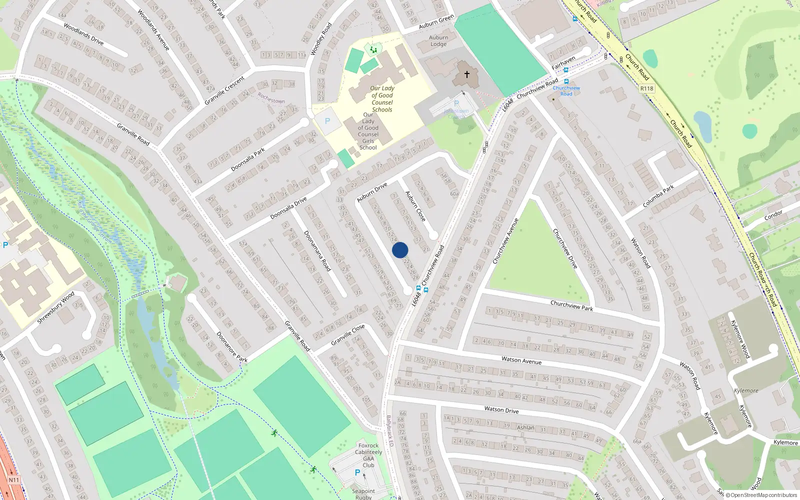 Overhead map showing the location of 18 Auburn Drive, Ballybrack