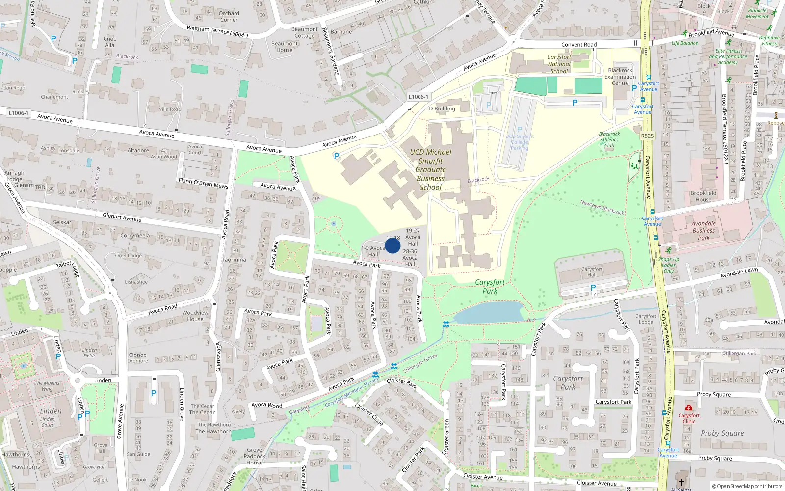 Overhead map showing the location of 18 Avoca Hall, Avoca Park, Blackrock