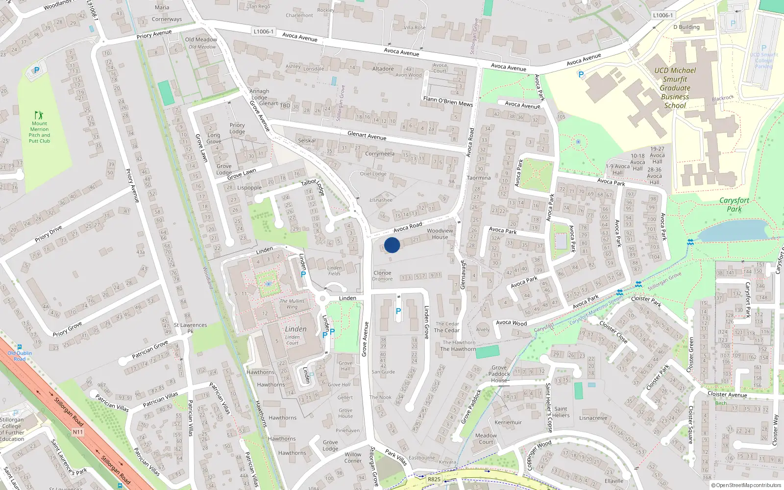 Overhead map showing the location of 18 Avoca Road, Blackrock