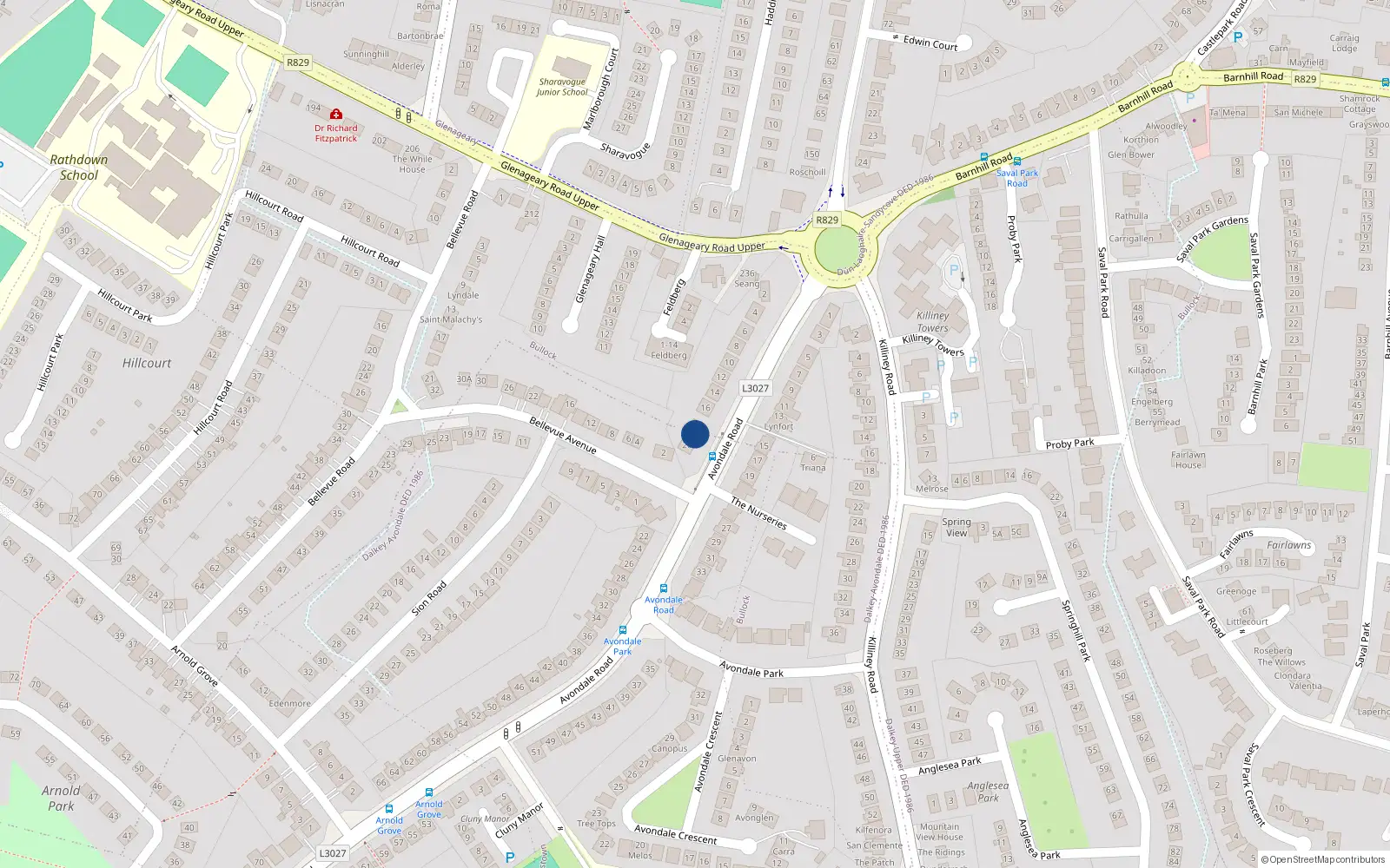 Overhead map showing the location of 18 Avondale Road, Killiney, Dublin