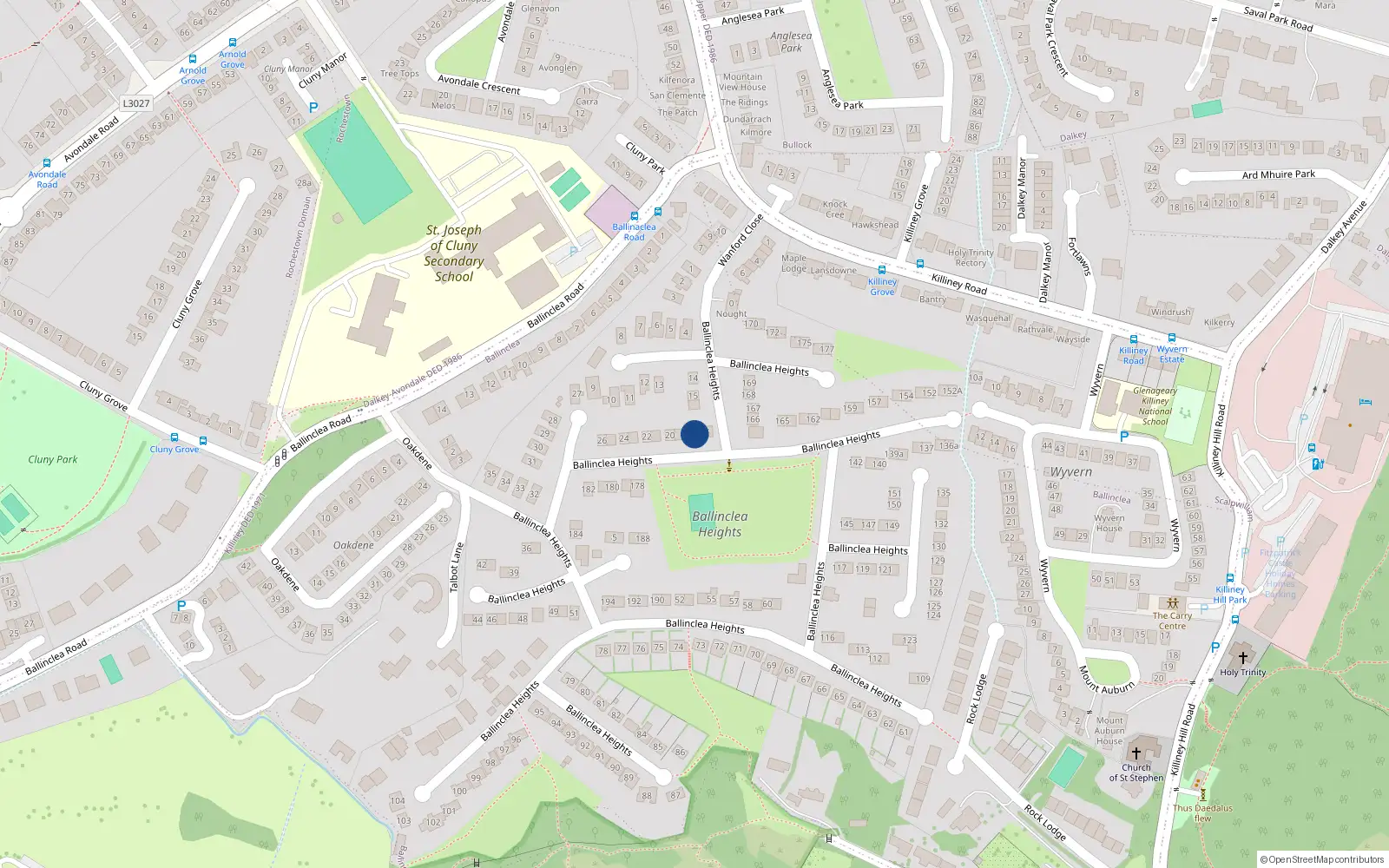 Overhead map showing the location of 18 Ballinclea Heights, Killiney