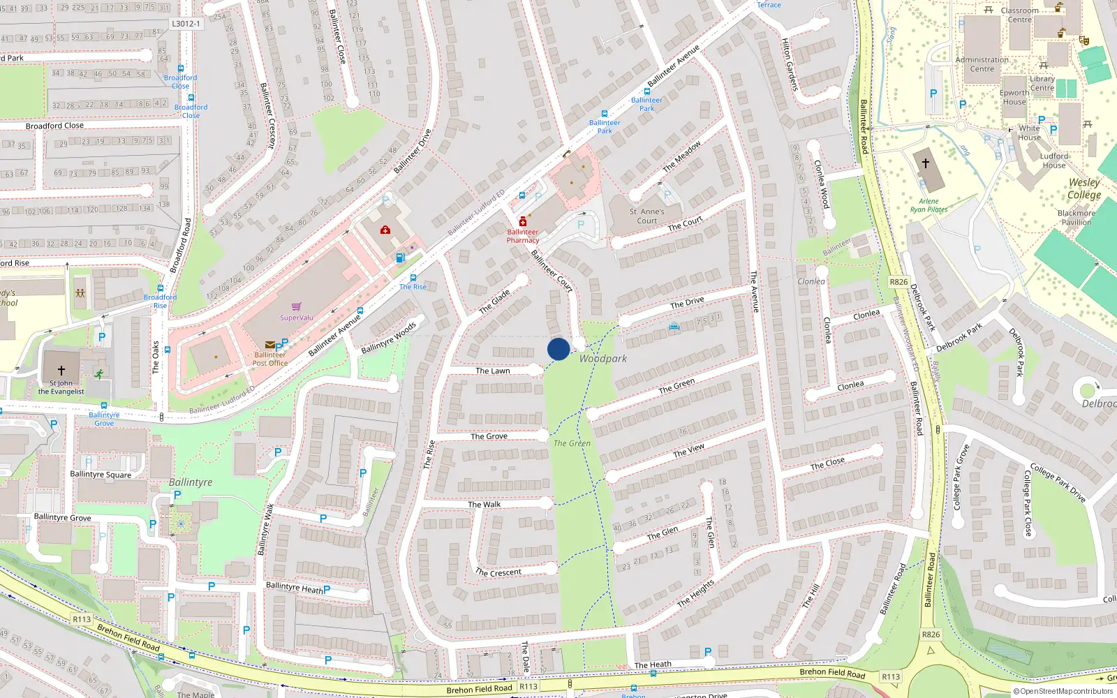 Overhead map showing the location of 18 Ballinteer Court, Dublin 16