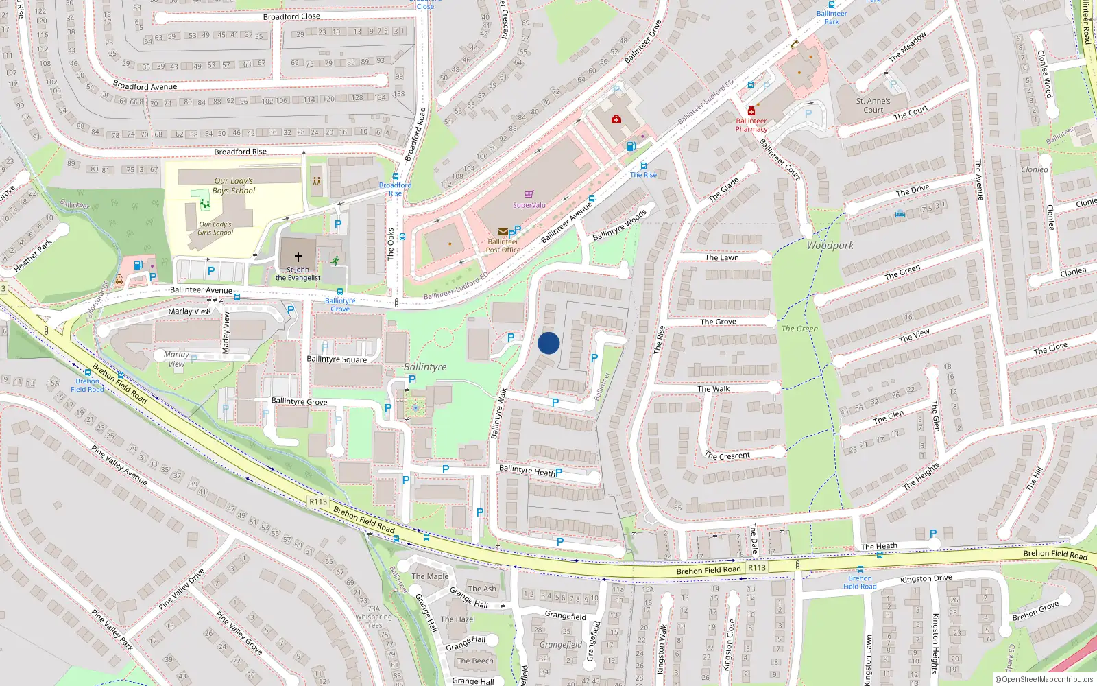 Overhead map showing the location of 18 Ballintyre Walk, Dublin 16