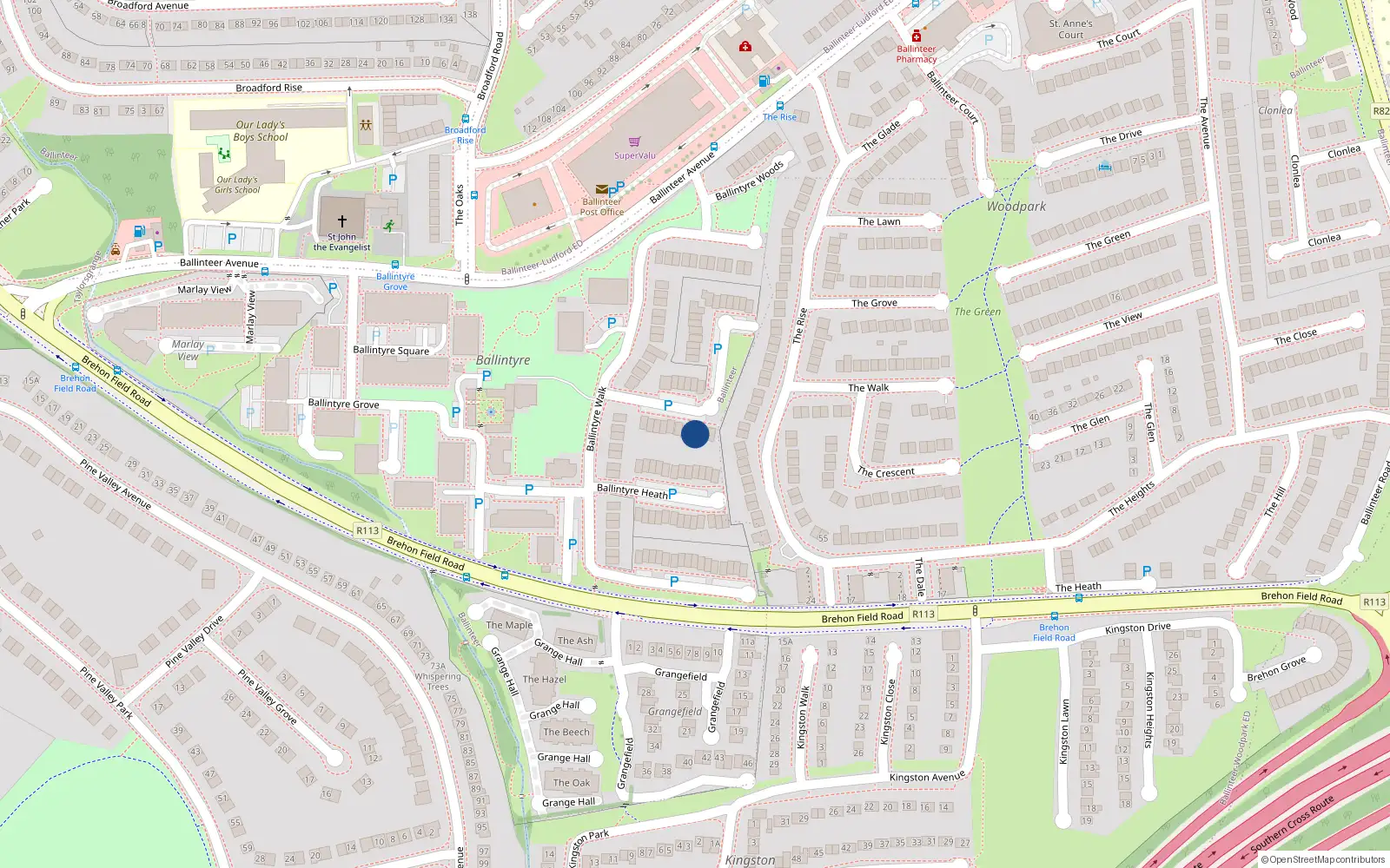 Overhead map showing the location of 18 Ballintyre Downs, Dublin 16