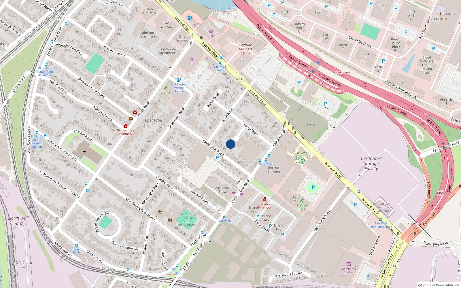 Overhead map showing the location of 18 Bargy Road, East Wall, Dublin 3