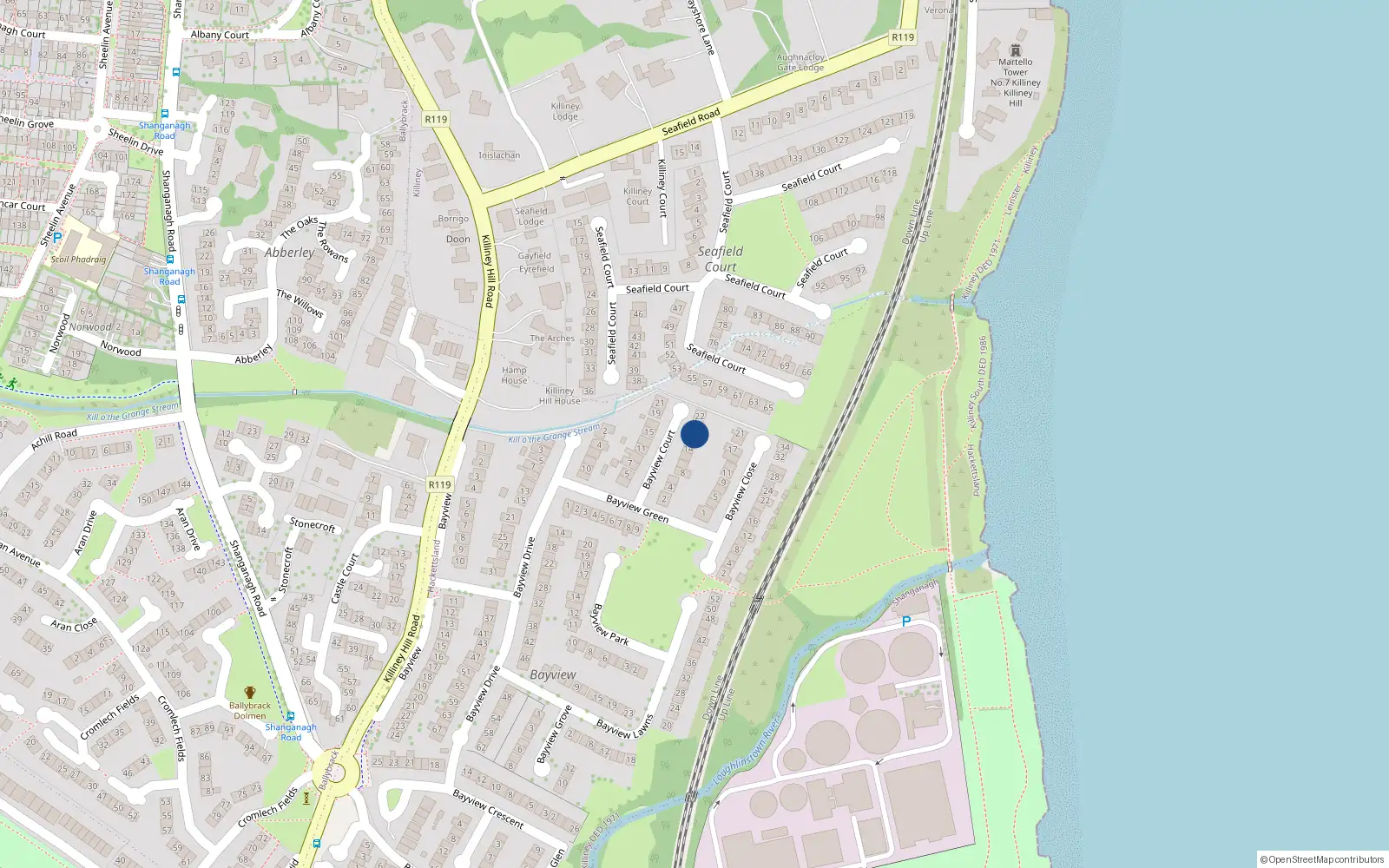 Overhead map showing the location of 18 Bayview Court, Killiney