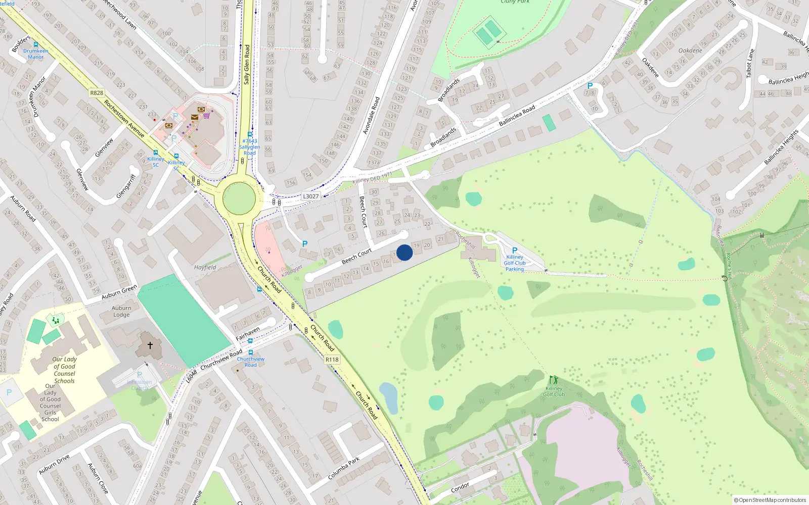 Overhead map showing the location of 18 Beech Court, Killiney