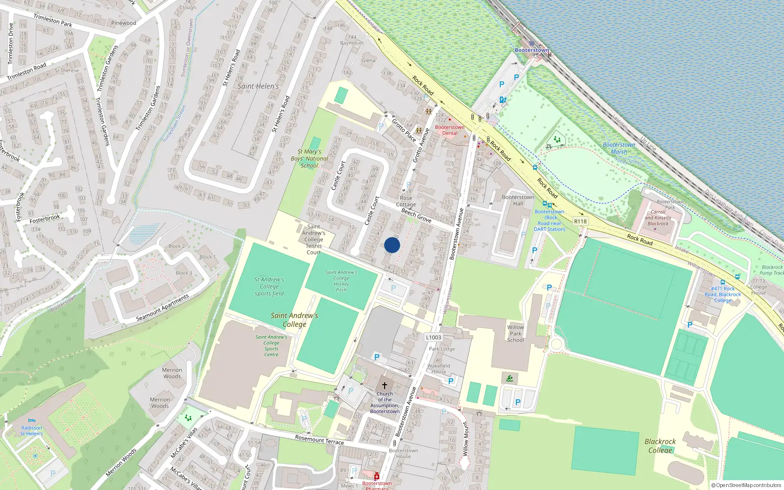 Overhead map showing the location of 18 Beech Grove, Booterstown