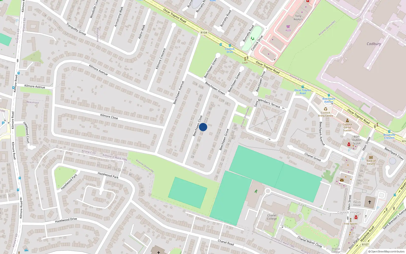 Overhead map showing the location of 18 Beechlawn Close, Woodville Estate, Artane