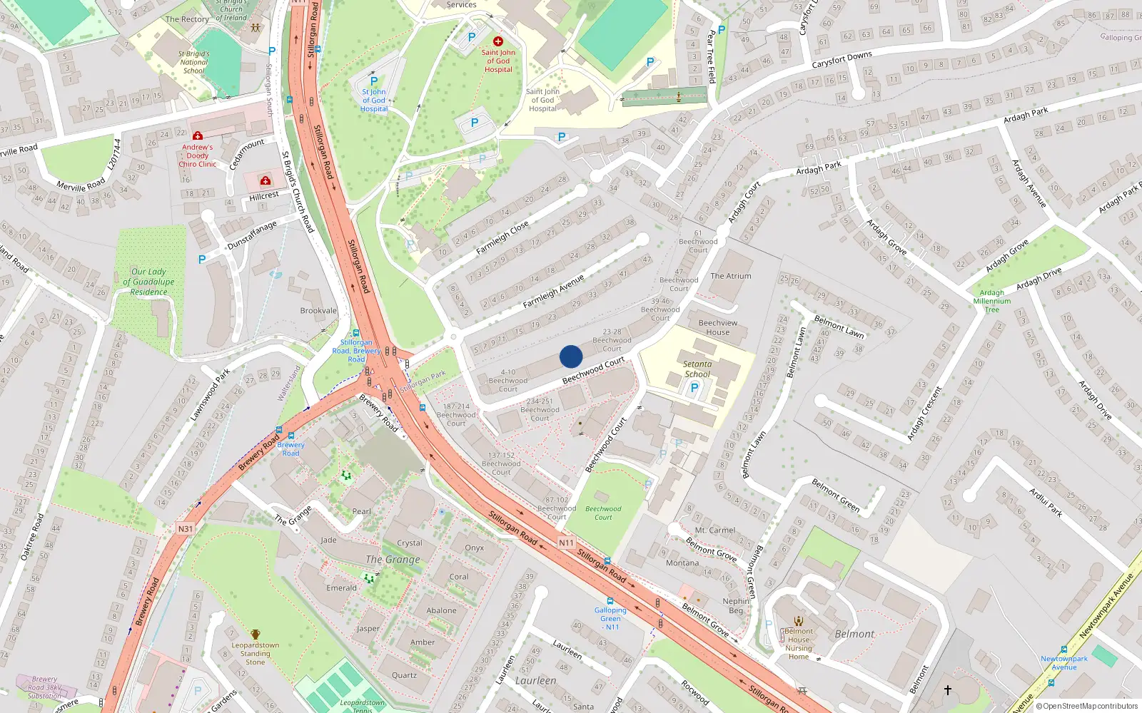 Overhead map showing the location of 18 Beechwood Court, Dublin