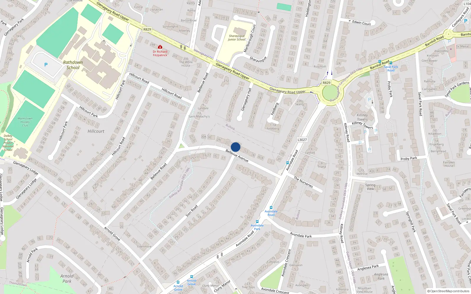 Overhead map showing the location of 18 Bellevue Avenue, Dublin