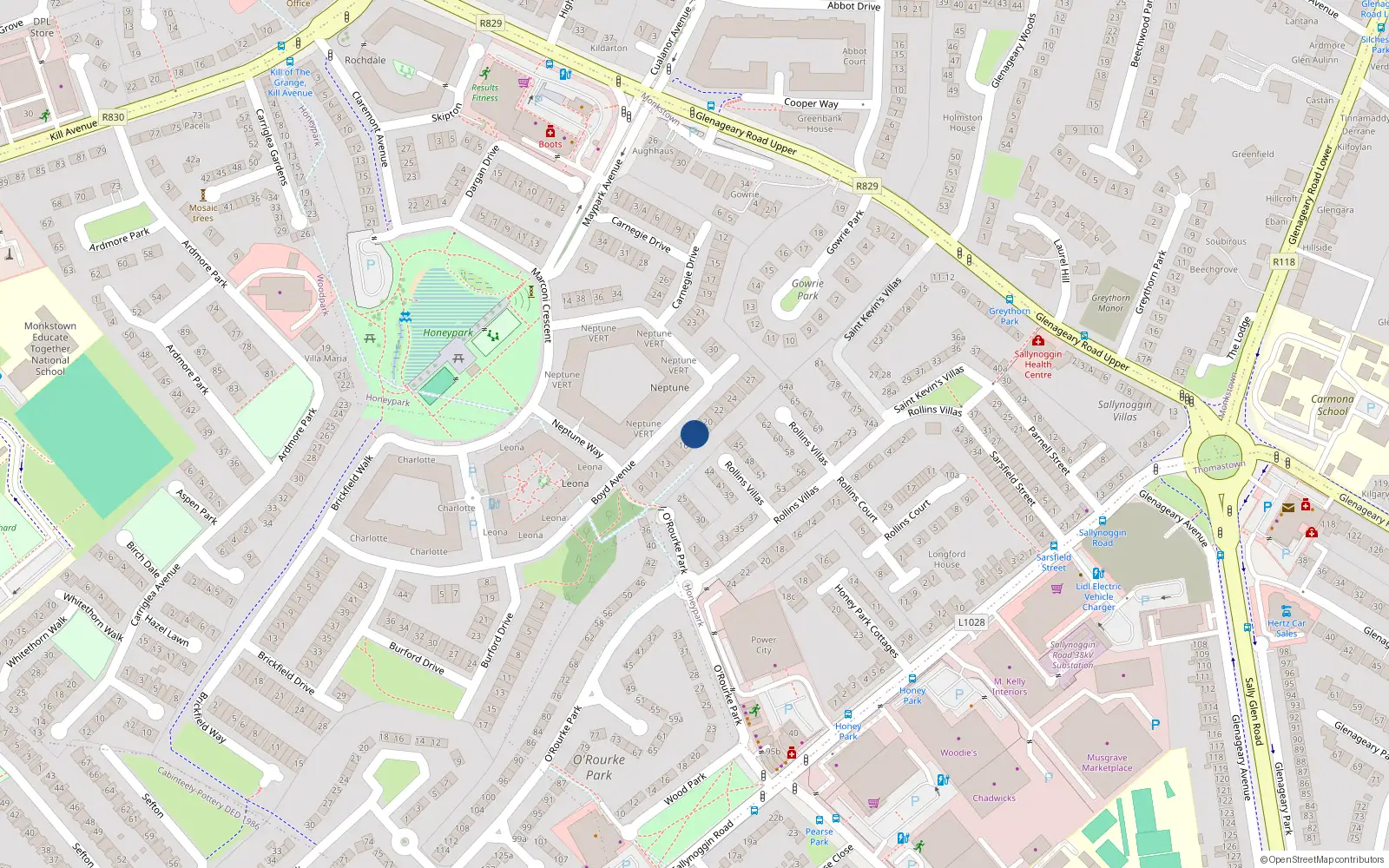 Overhead map showing the location of 18 Boyd Avenue, Dun Laoghaire