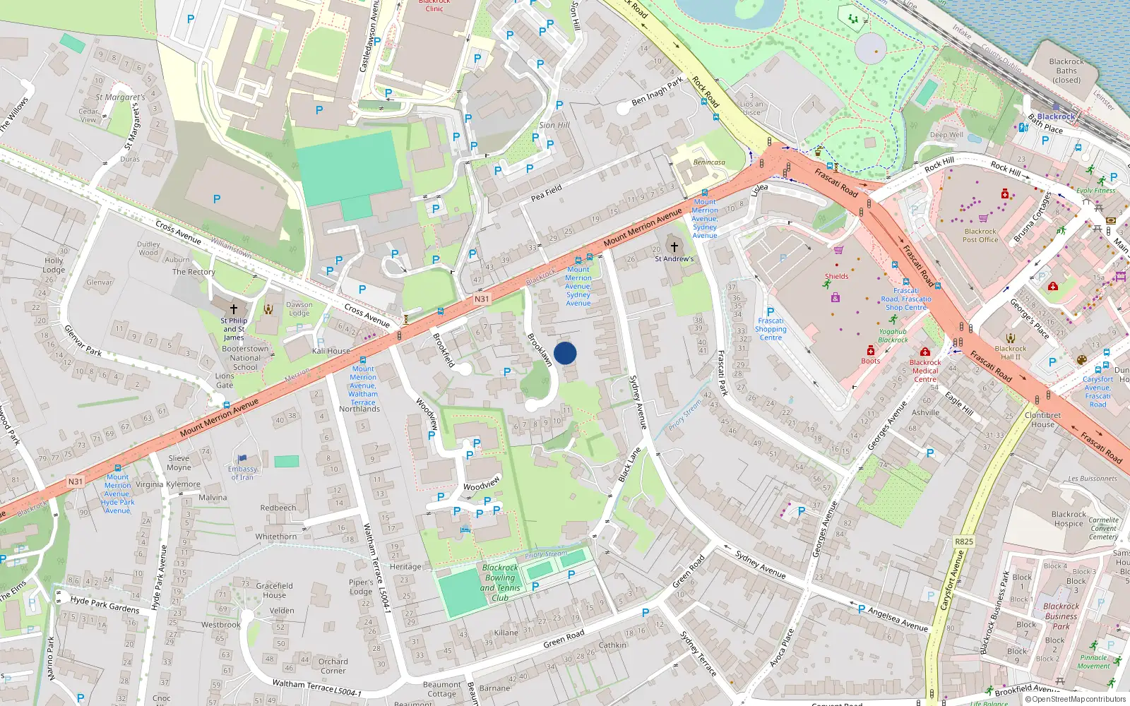 Overhead map showing the location of 18 Brooklawn, Mount Merrion Avenue, Blackrock
