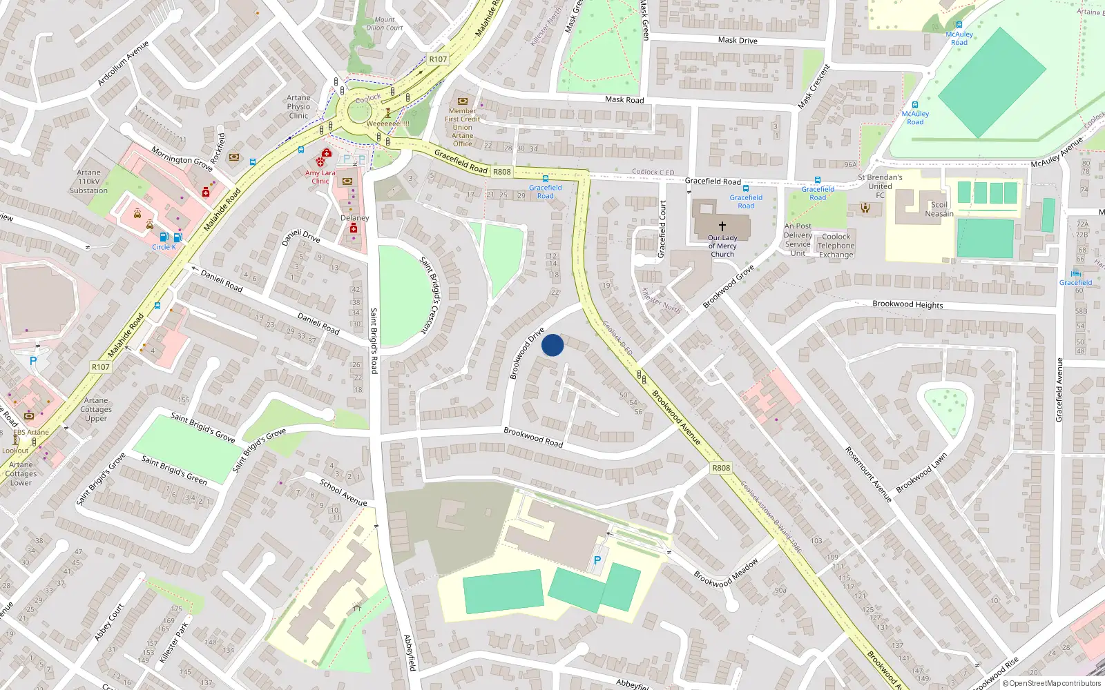 Overhead map showing the location of 18 Brookwood Drive, Dublin 5