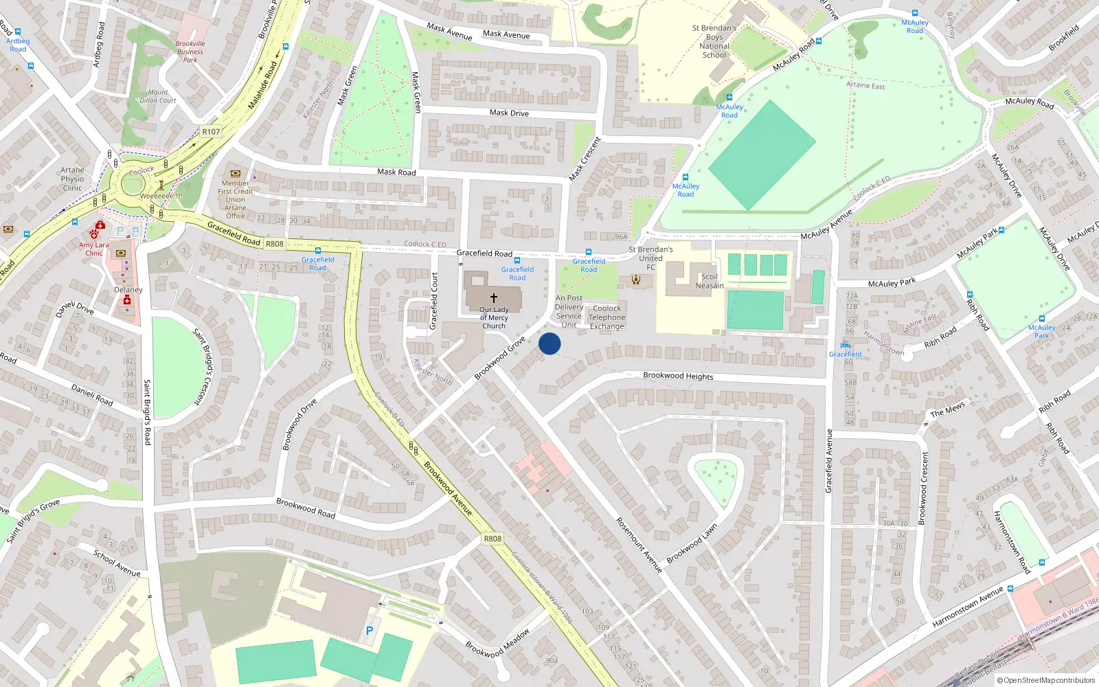 Overhead map showing the location of 18 Brookwood Grove, Dublin 5