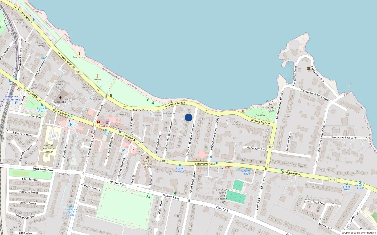Overhead map showing the location of 18 Burdett Avenue, Sandycove, Dun Laoghaire