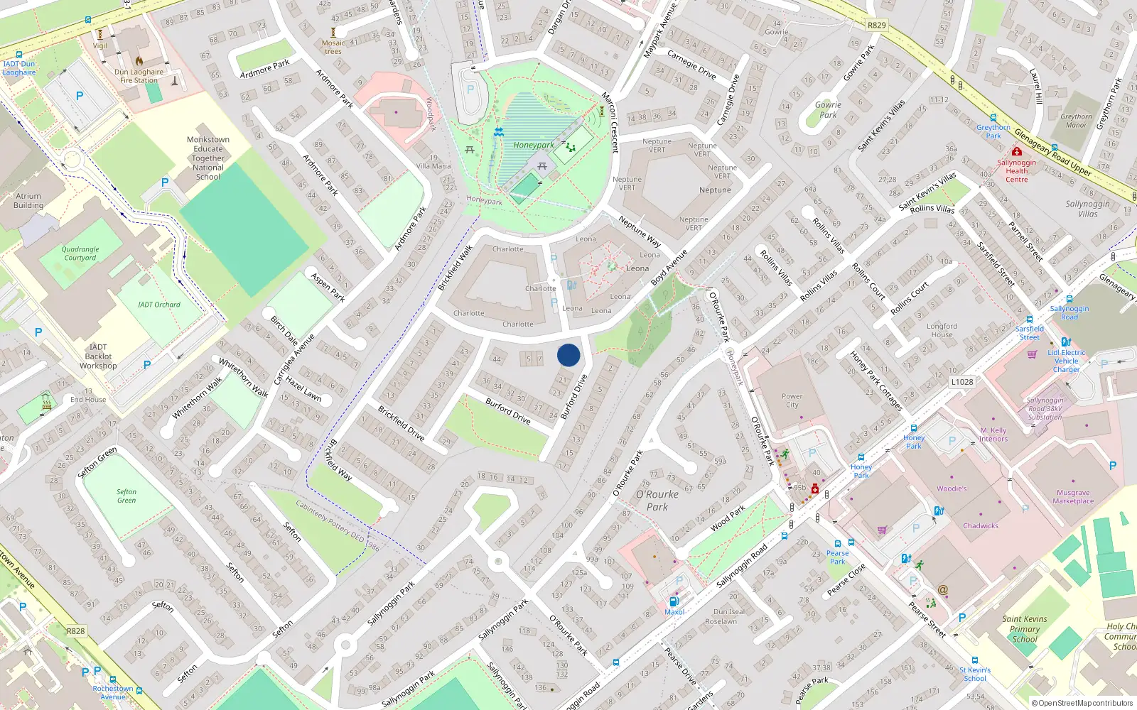 Overhead map showing the location of 18 Burford Drive, Honeypark, Dun Laoire