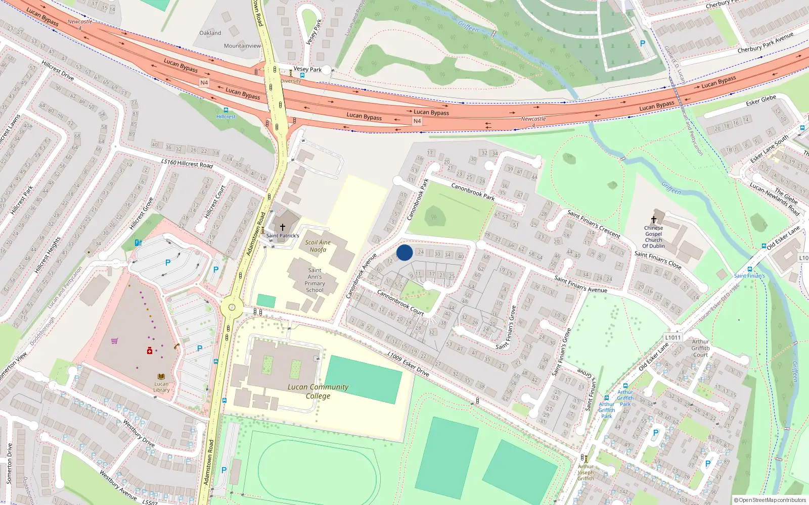 Overhead map showing the location of 18 Cannonbrook Avenue, Lucan, Dublin