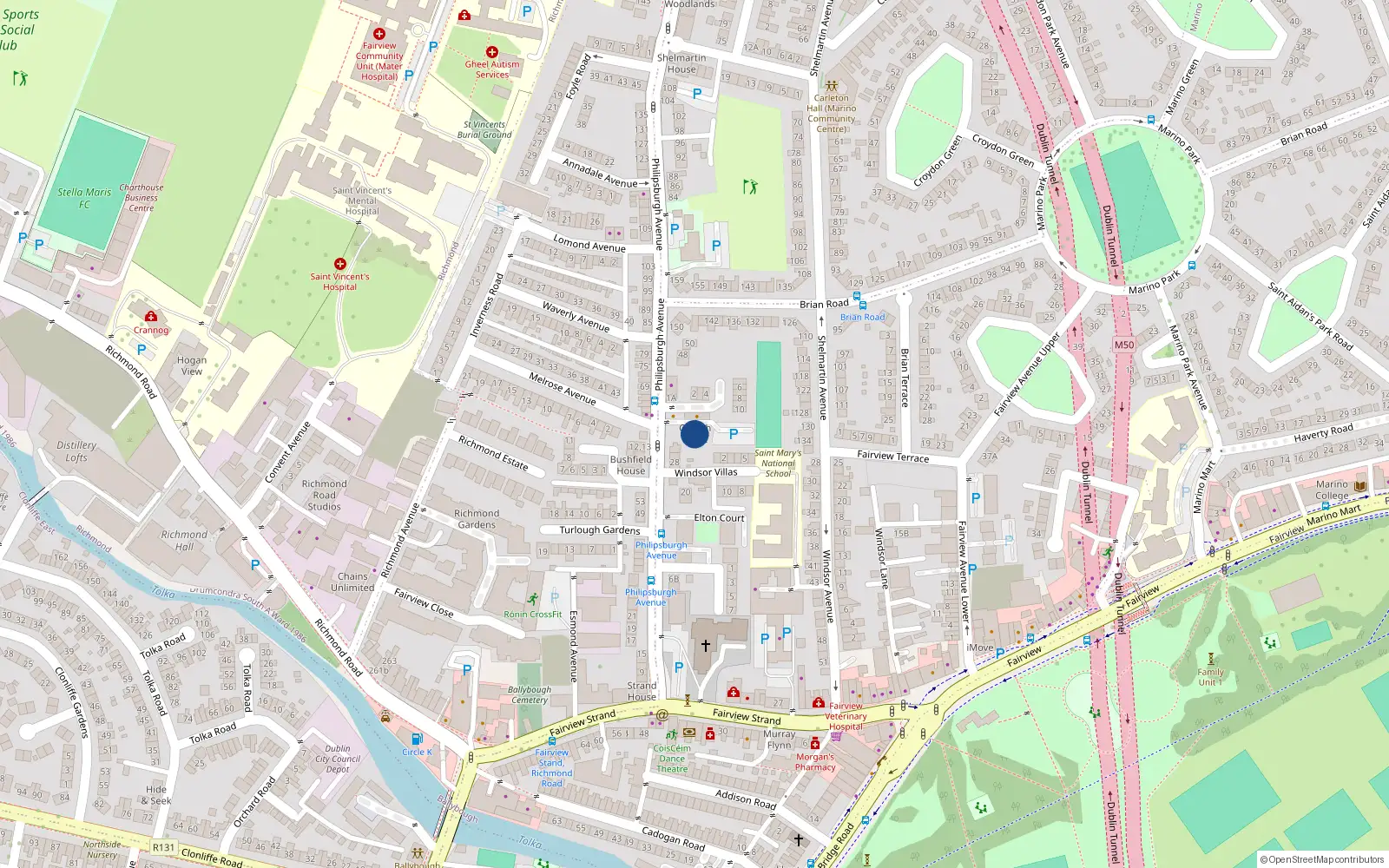 Overhead map showing the location of 18 Caragh Court, Philipsburgh Avenue, Fairview Dublin 3