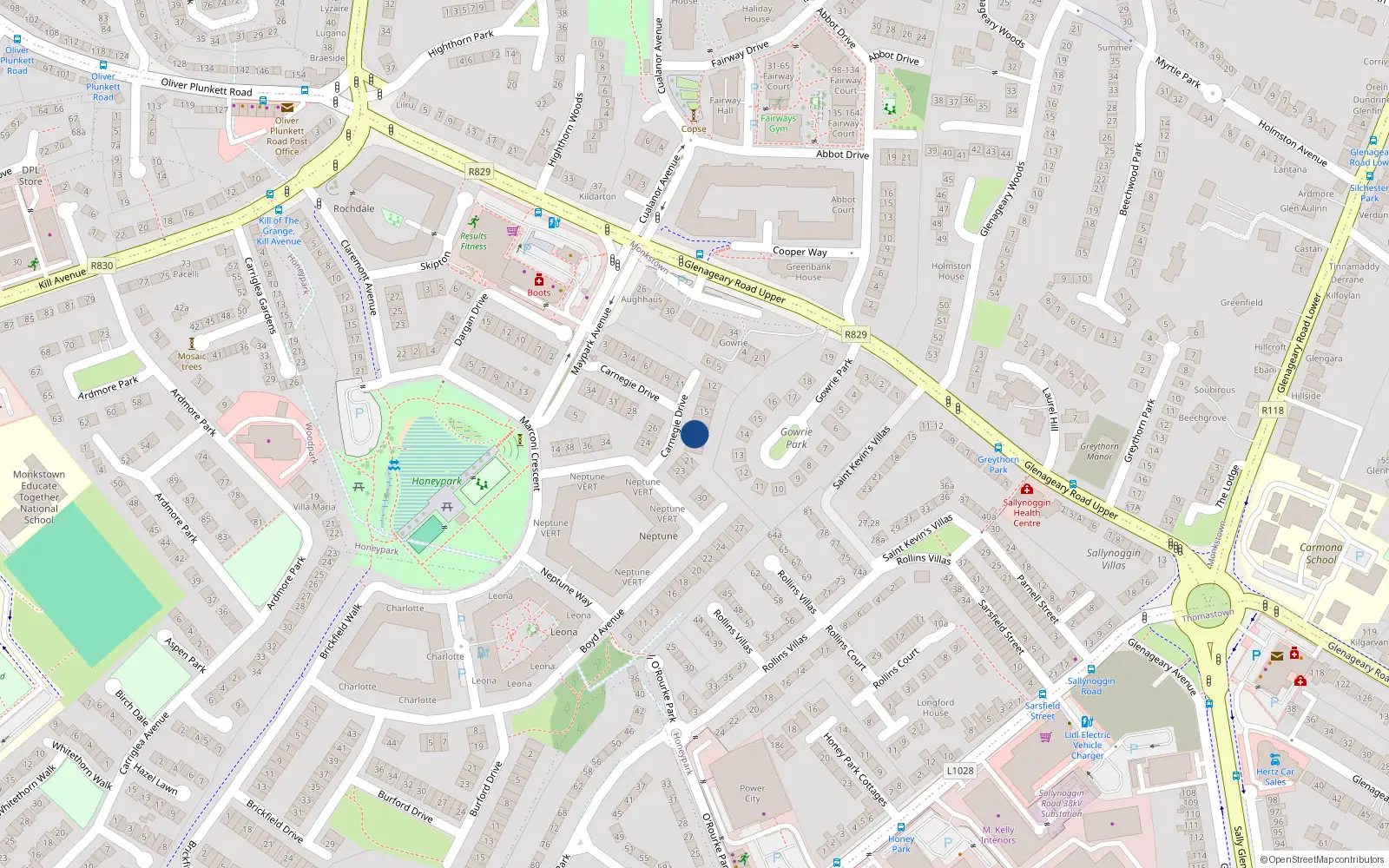 Overhead map showing the location of 18 Carnegie Drive, Honeypark, Dun Laoghaire