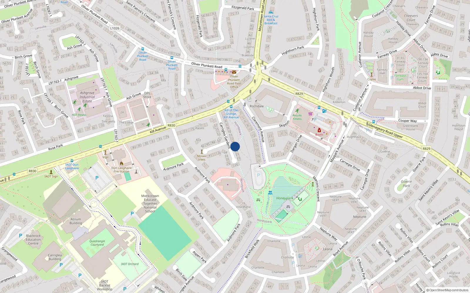 Overhead map showing the location of 18 Carriglea Gardens, Dun Laoghaire