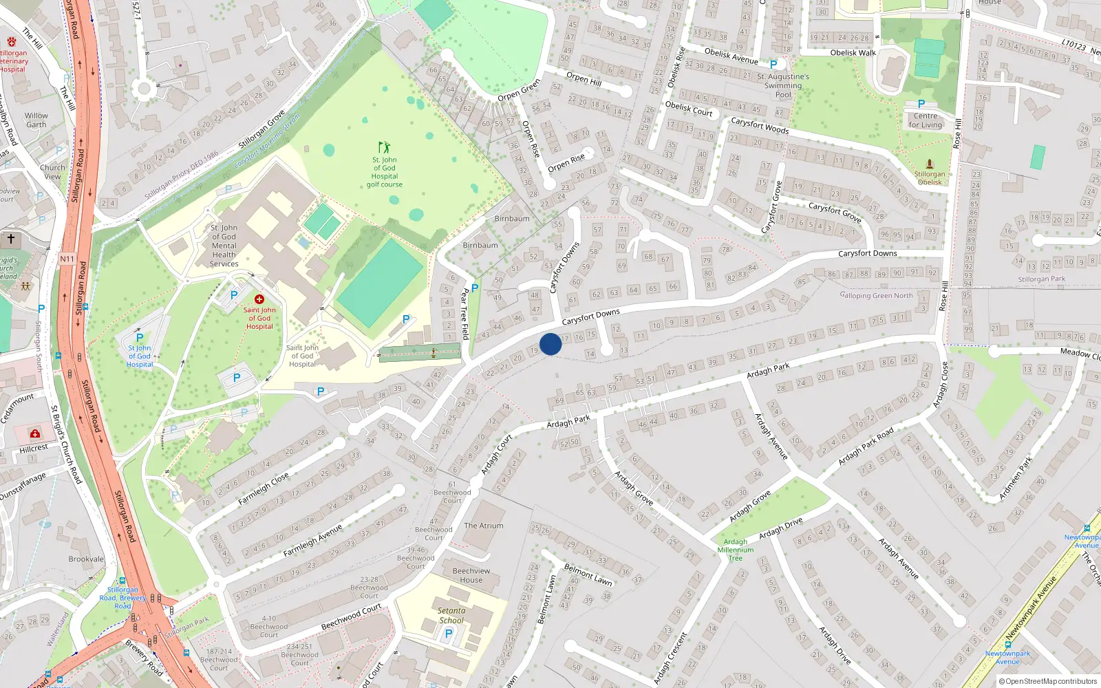 Overhead map showing the location of 18 Carysfort Downs, Blackrock