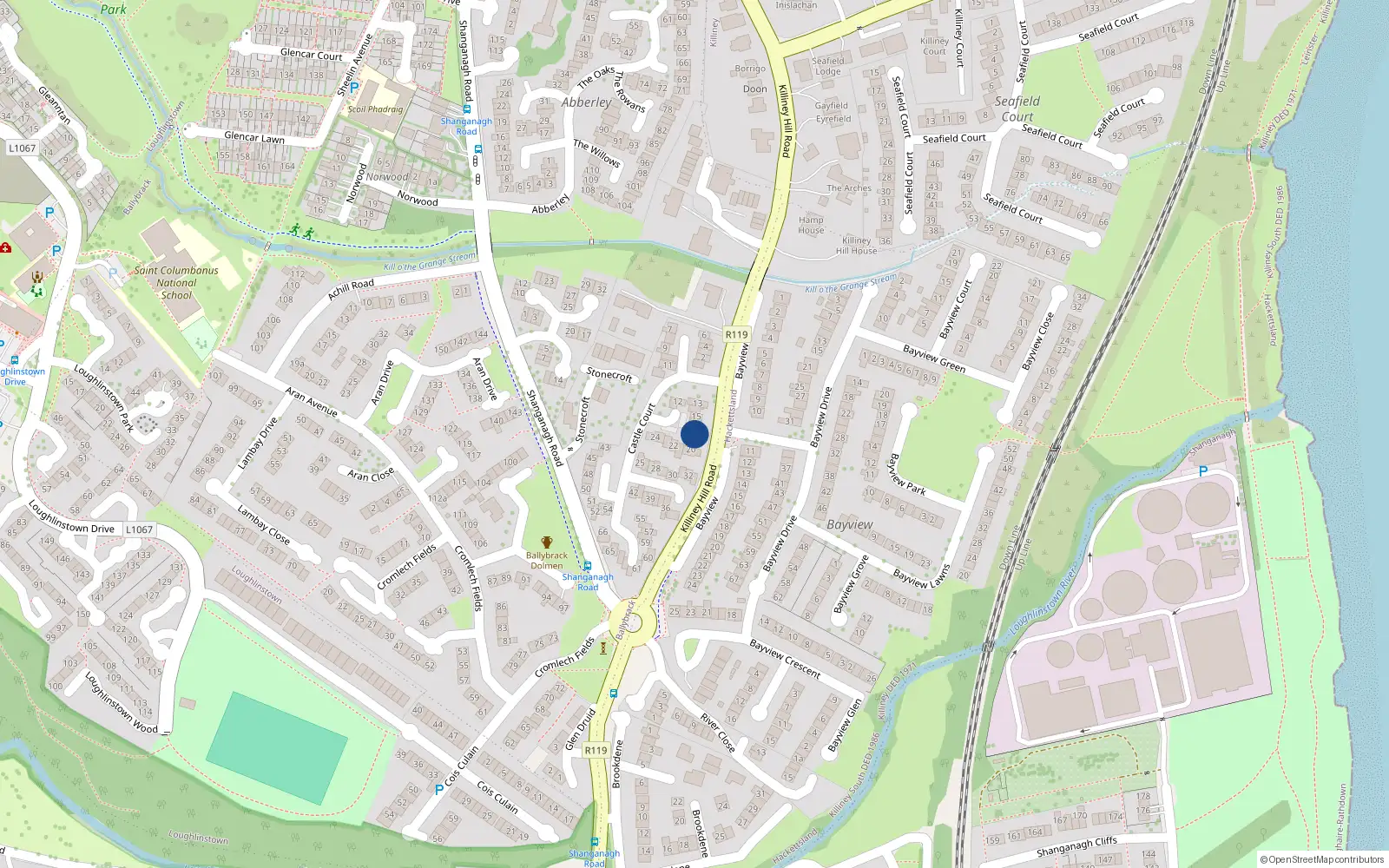 Overhead map showing the location of 18 Castle Court, Killiney
