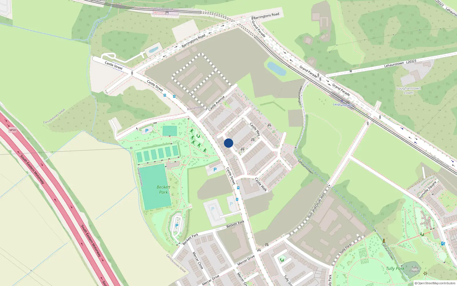 Overhead map showing the location of 18 Castle Way, Laughanstown