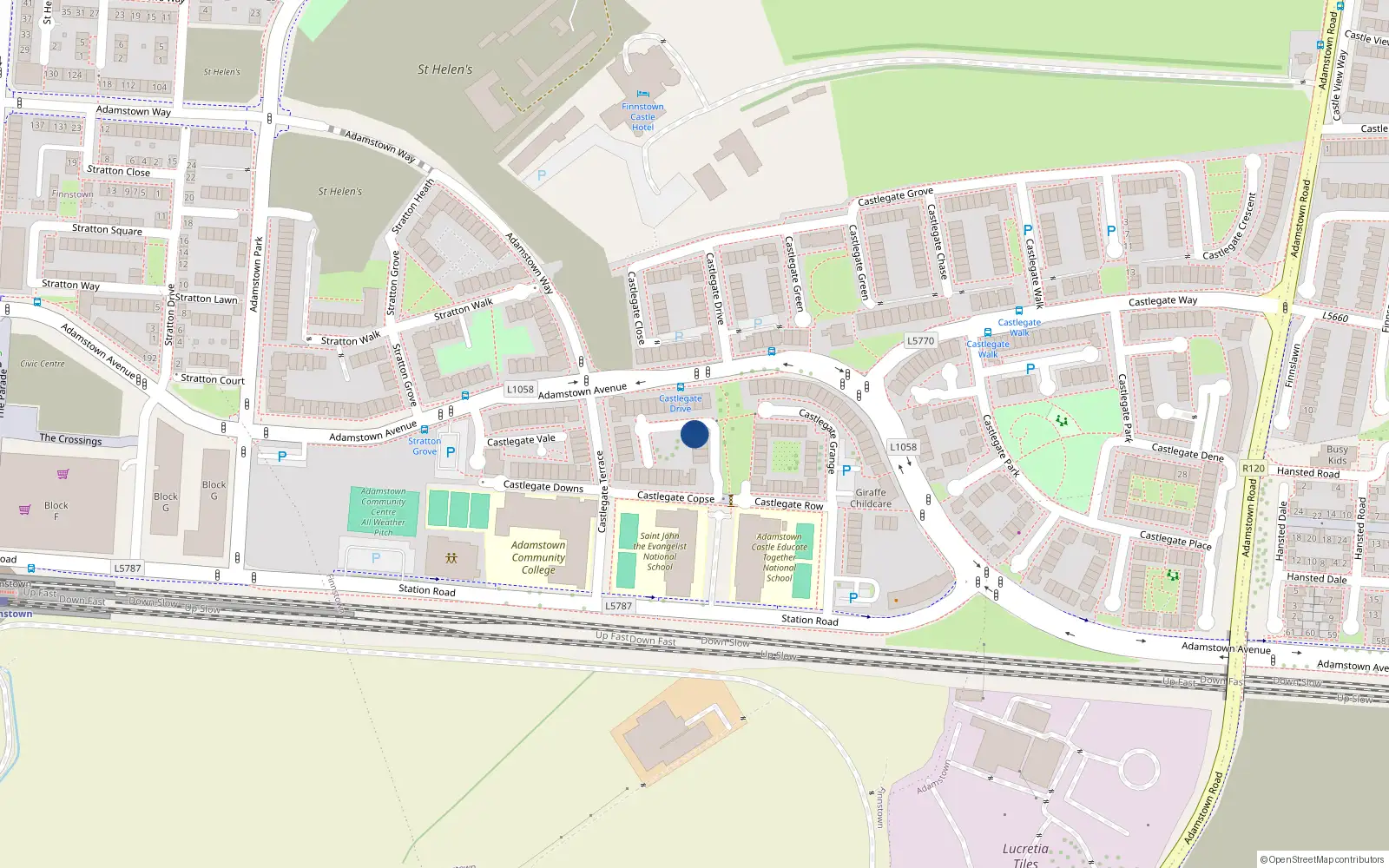 Overhead map showing the location of 18 Castlegate Copse, Adamstown, Lucan