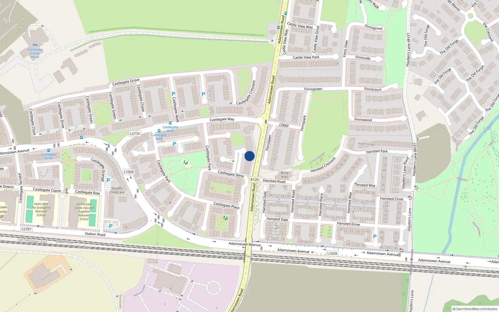 Overhead map showing the location of 18 Castlegate Square, Adamstown, Lucan