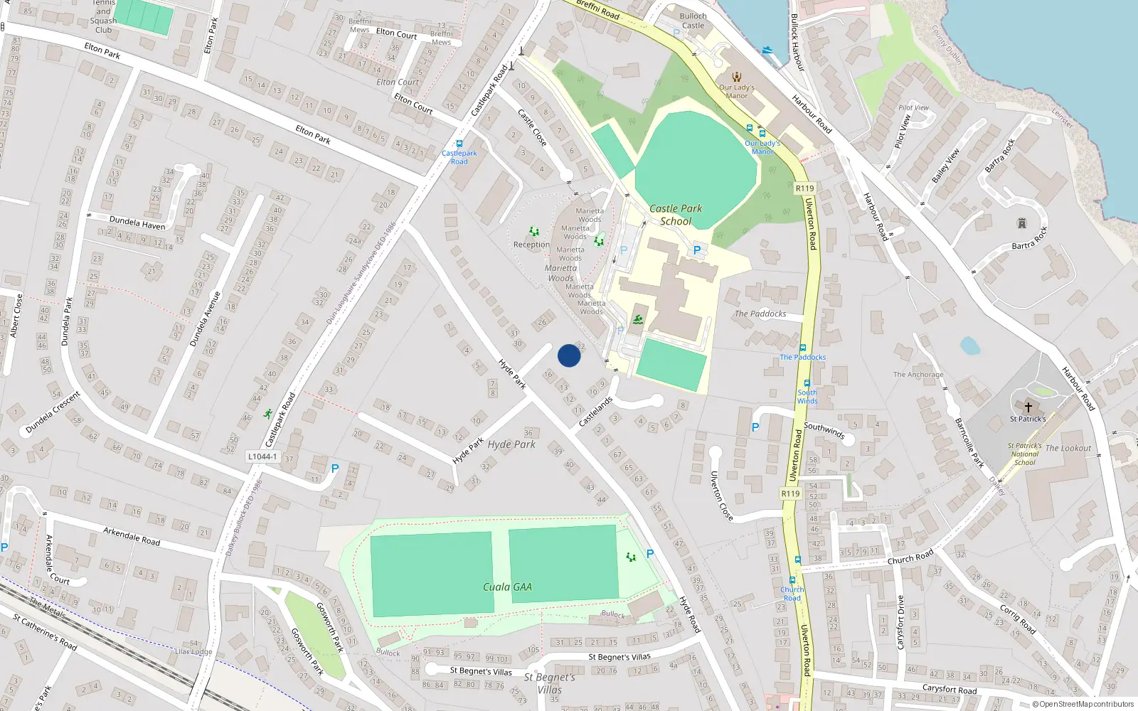 Overhead map showing the location of 18 Castlelands Grove, Dalkey
