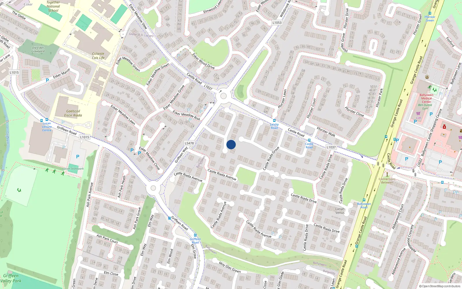Overhead map showing the location of 18 Castle Riada Crescent, Lucan