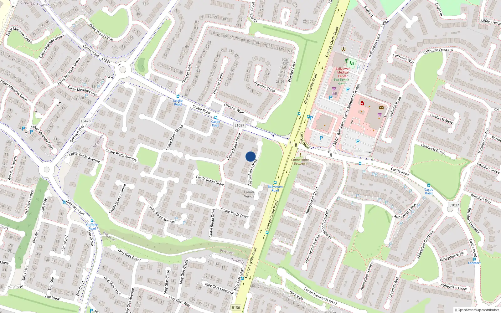 Overhead map showing the location of 18 Castleriada Drive, Lucan, Dublin