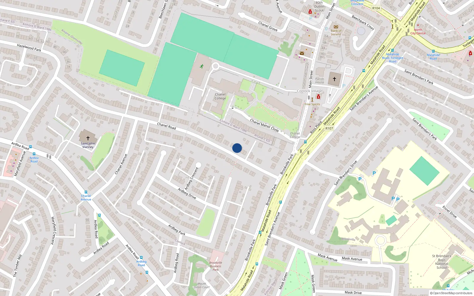 Overhead map showing the location of 18 Chanel Road, Dublin 5