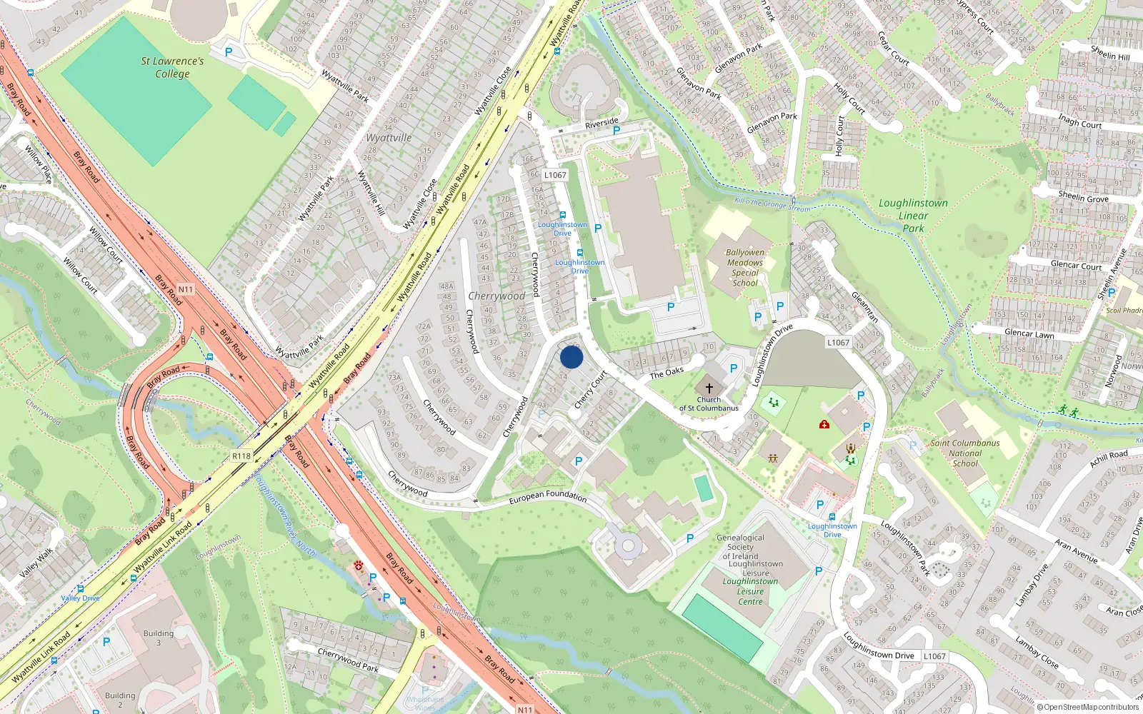 Overhead map showing the location of 18 Cherry Court, Loughlinstown, Dublin
