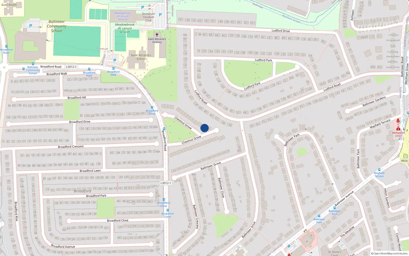 Overhead map showing the location of 18 Chestnut Grove, Dublin 16