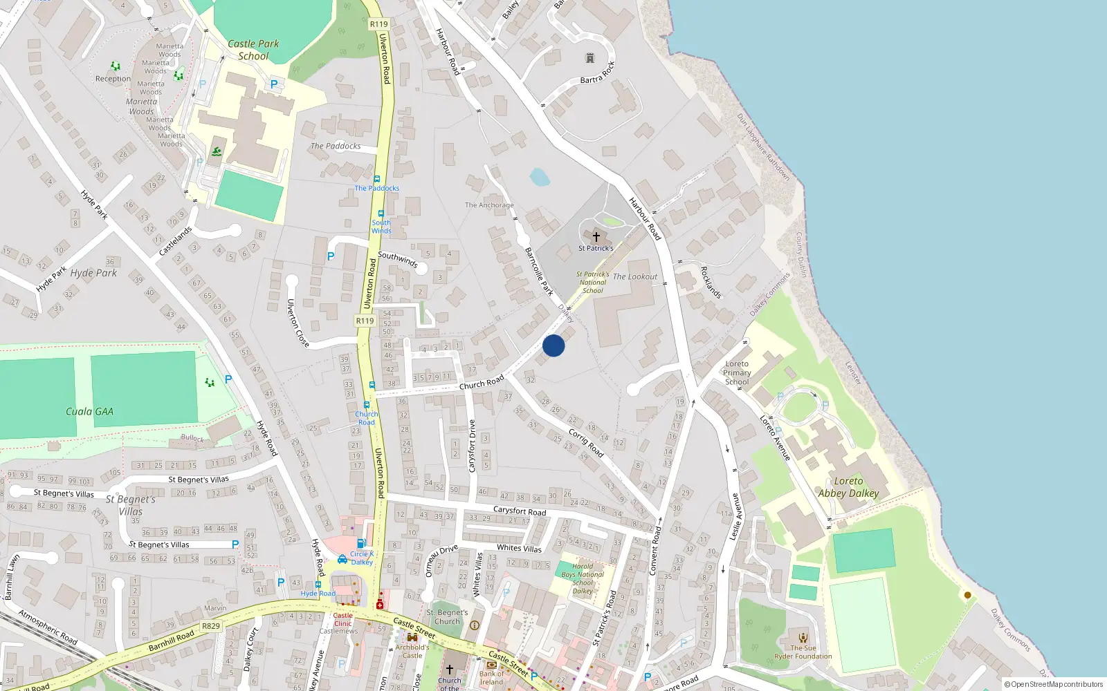 Overhead map showing the location of 18 Church Road, Dalkey, Co Dublin