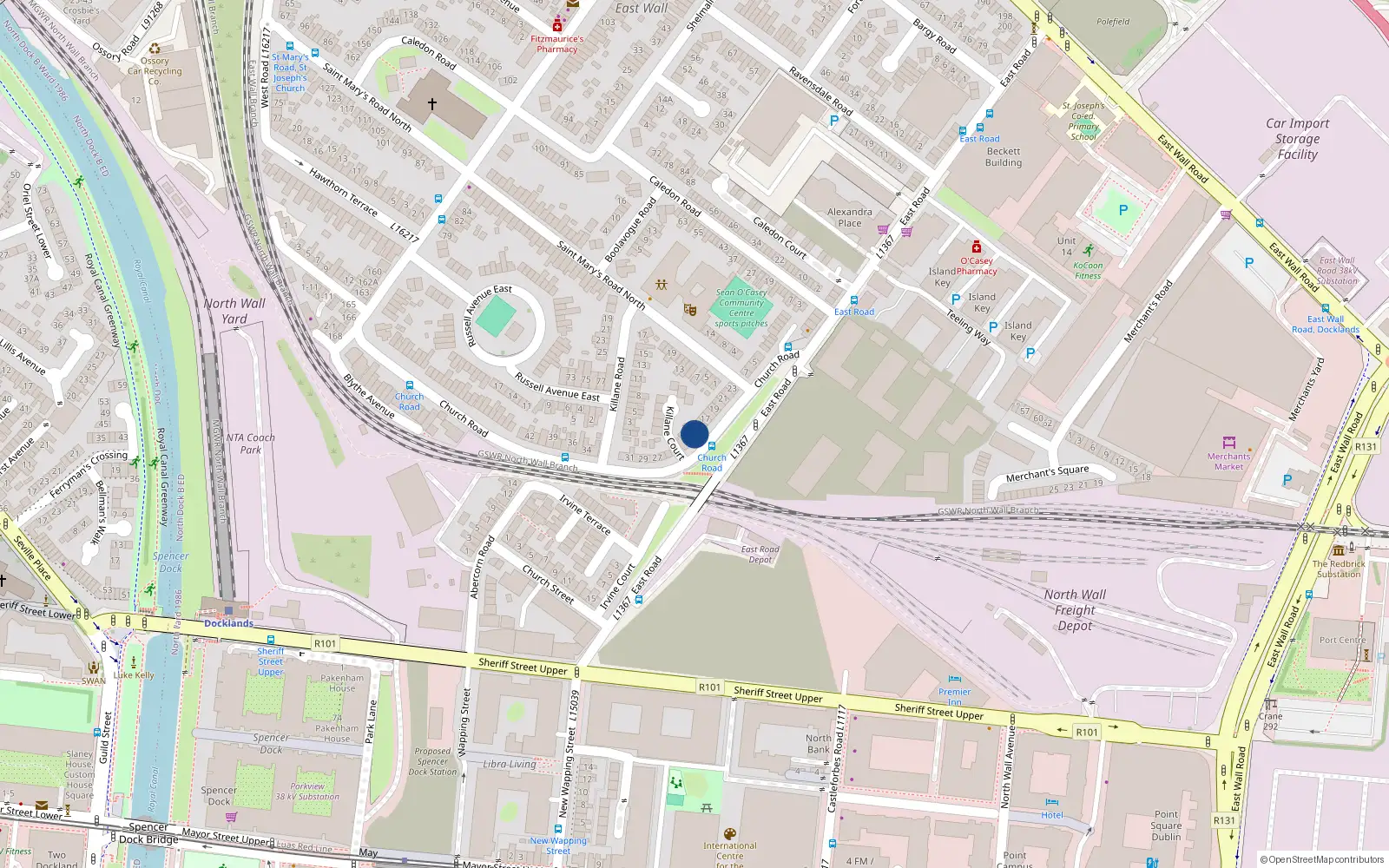 Overhead map showing the location of 18 Church Road, Eastwall, Dublin 3