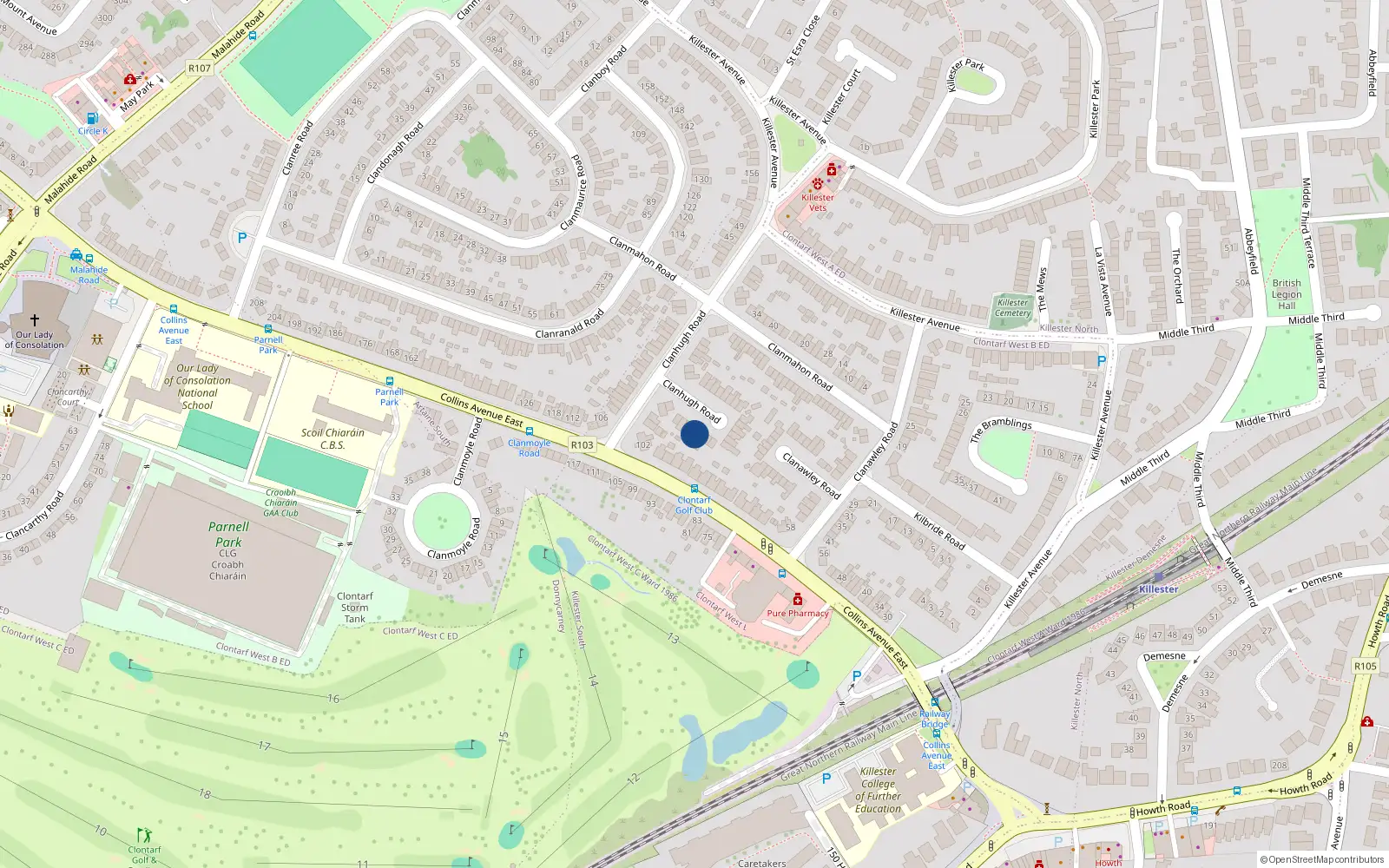 Overhead map showing the location of 18 Clanhugh Road, Donnycarney, Dublin 5